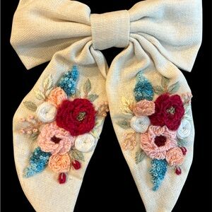 Floral Embroidered Cream Hair Bow